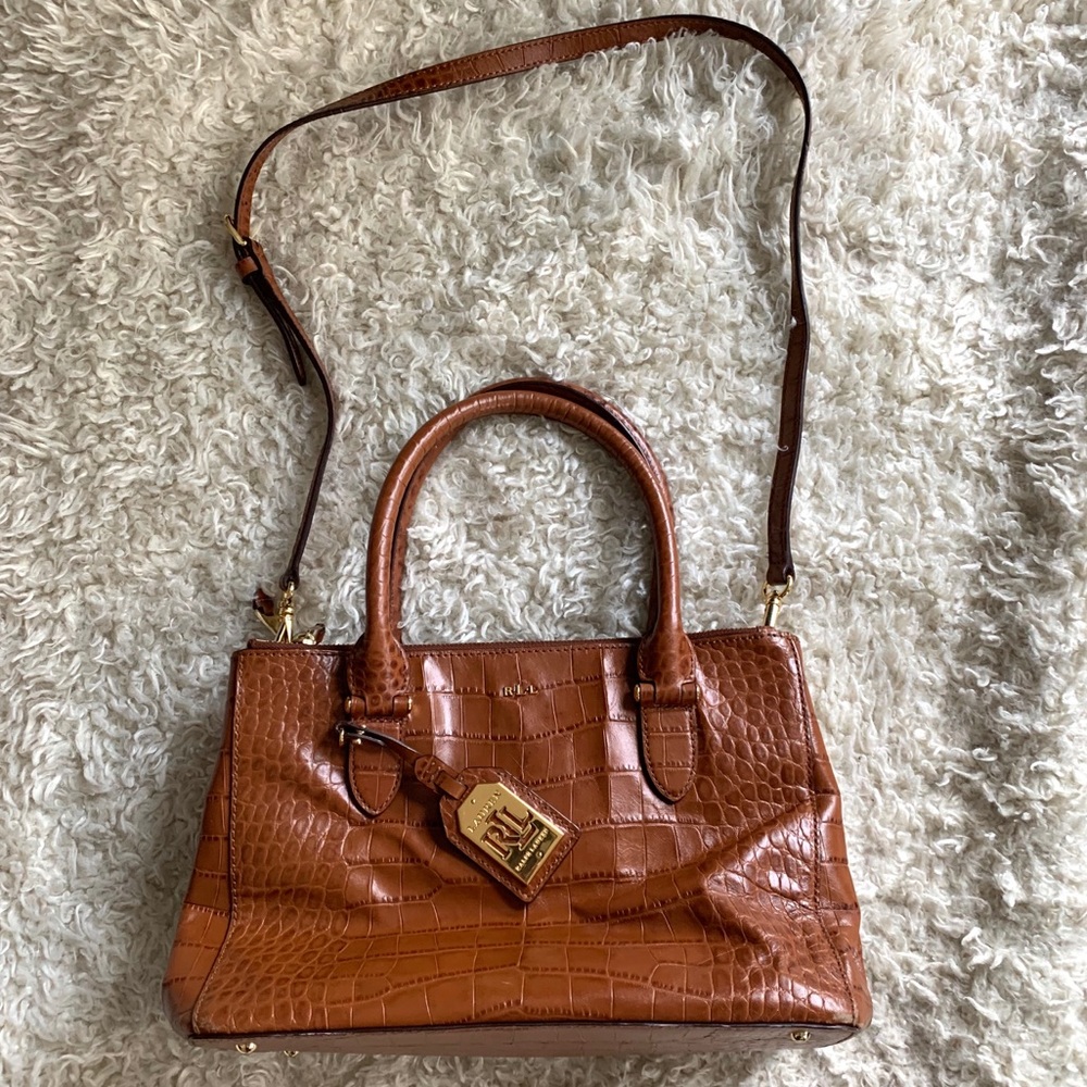 RALPH LAUREN | Croc Embossed Leather Satchel w/ Ralph Lauren Bag Charm